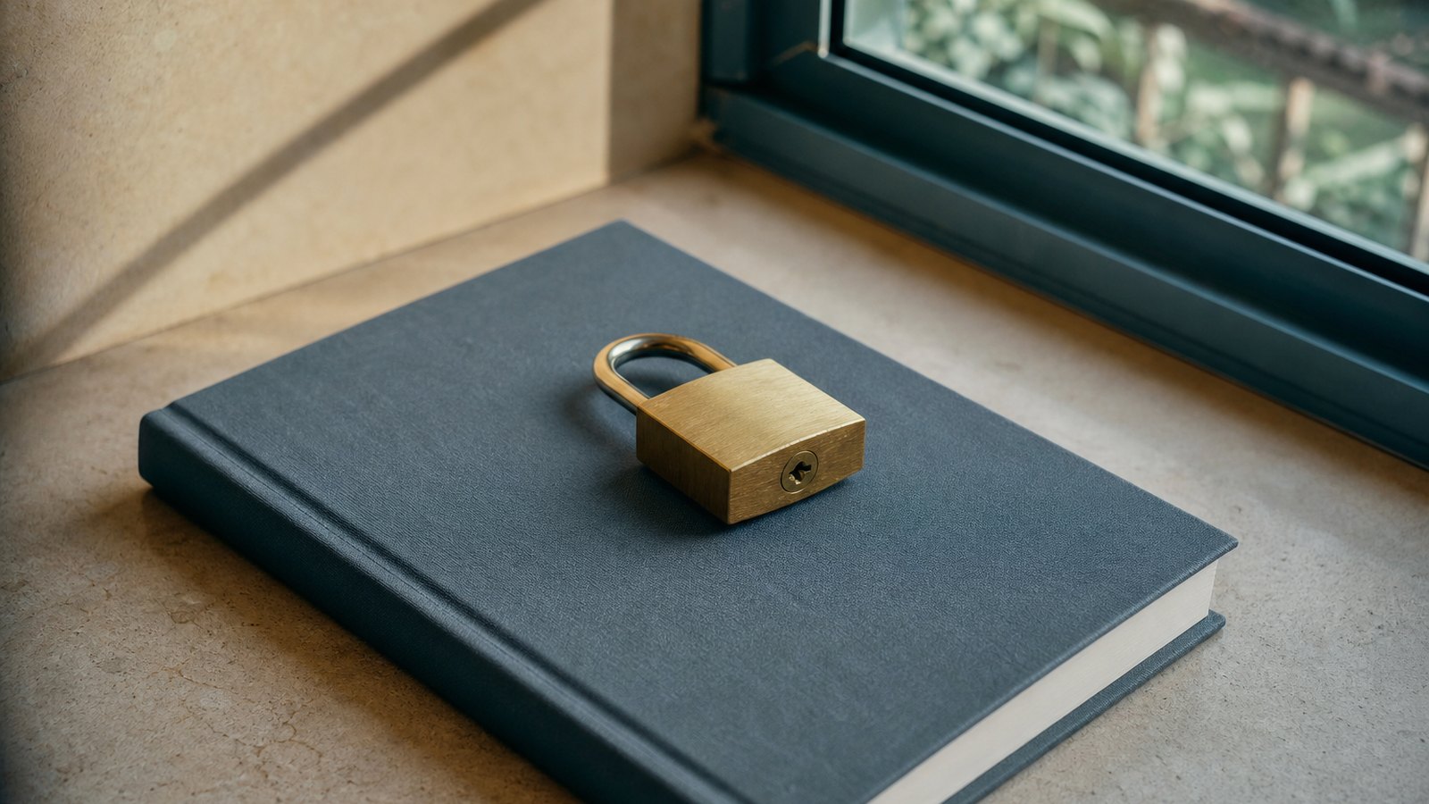 A brass padlock resting on an open notebook in warm window light