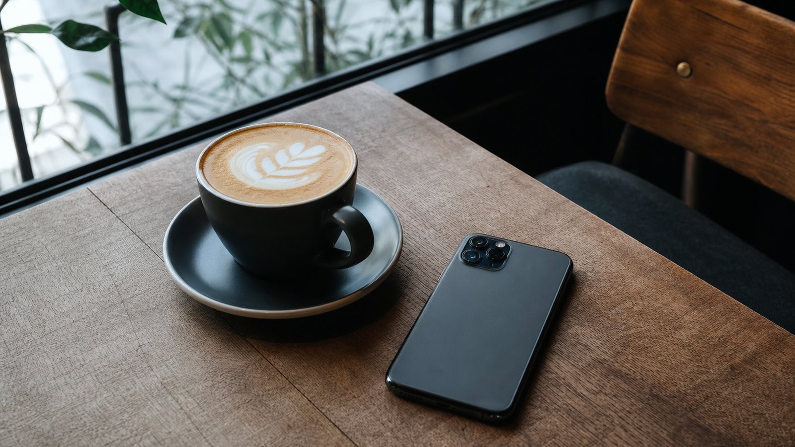 A phone on a cafe table with a clean coffee and no clutter in soft light