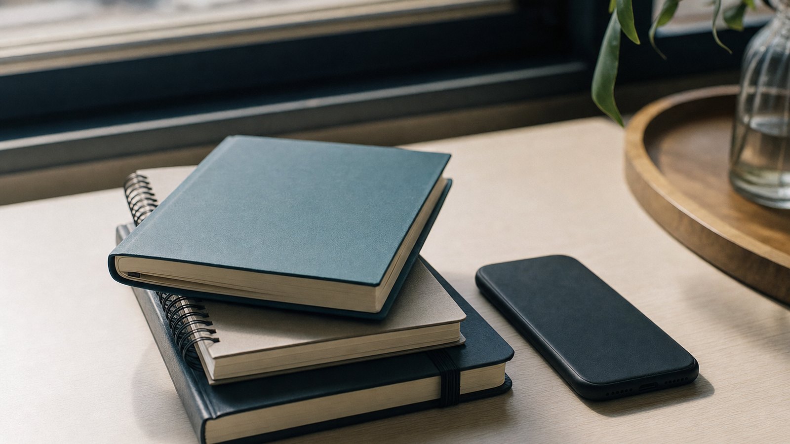A stack of paper notebooks and a phone on a clean desk by a window