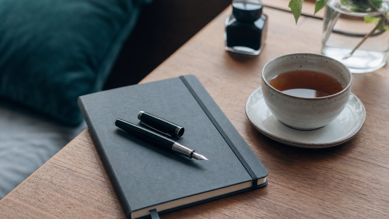 A notebook with a pen and a cup, planning laid out calmly on a desk