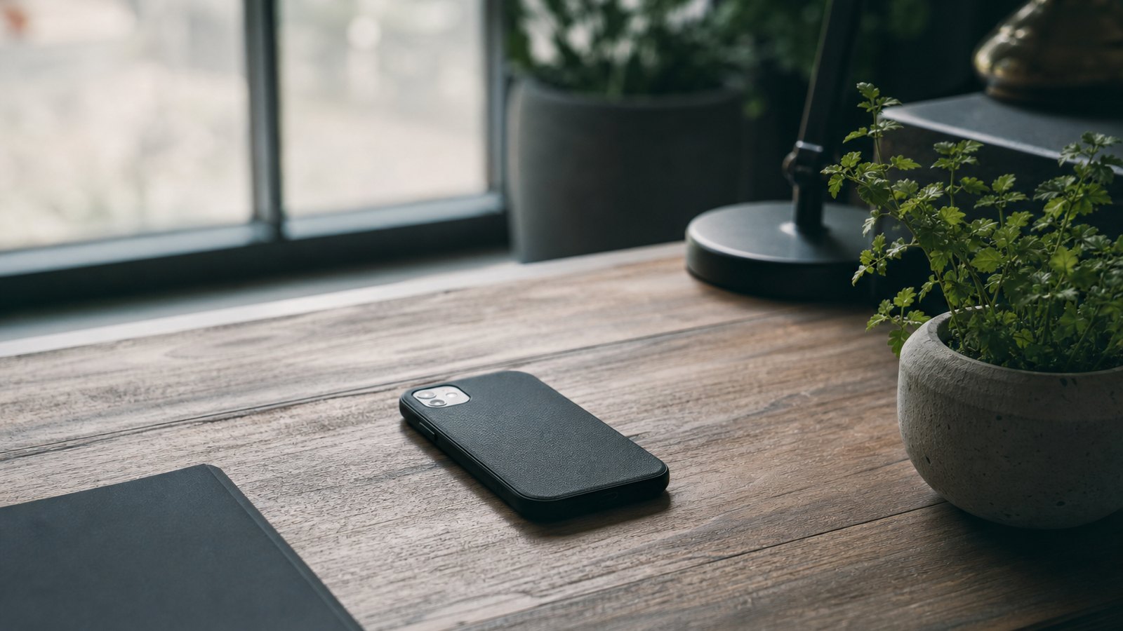 A calm minimalist desk with a phone, plant and daylight, nothing cluttered