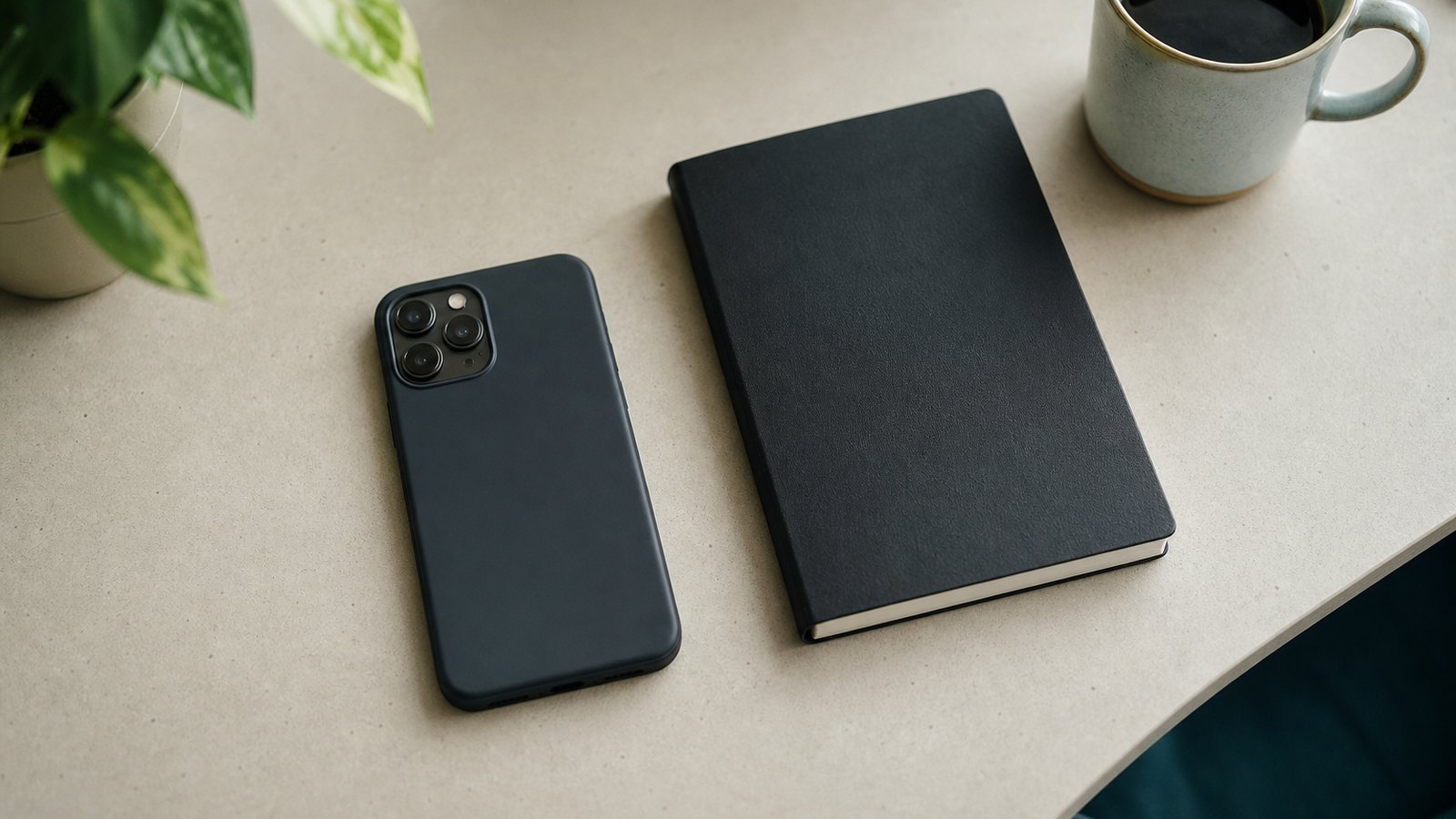 A tidy desk with an iPhone, a notebook and a coffee in soft daylight